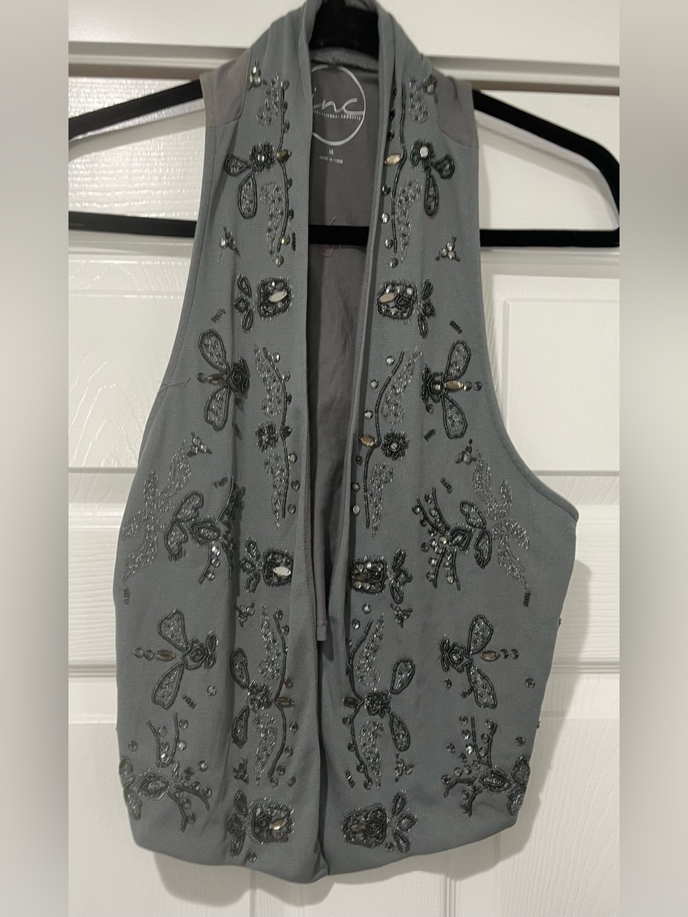 INC International Concepts Embellished Gray Open-Front Vest